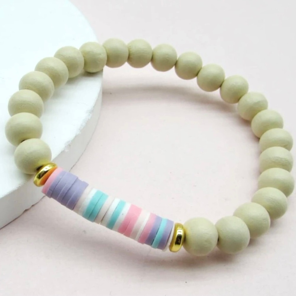 Pastel Heishi Shell Disc Polymer Clay & Wood Beaded Boho Stretch Surfer Bracelet